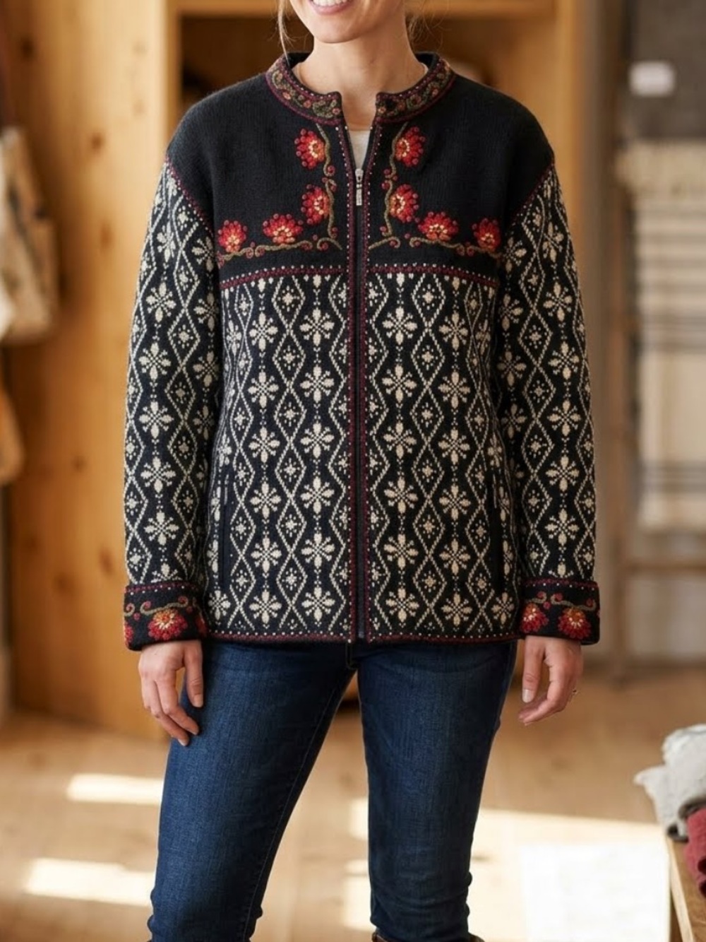 ICELANDIC DESIGN Shacket Y2K Wool Full Zip Embroidered Sweater Jacket Medium